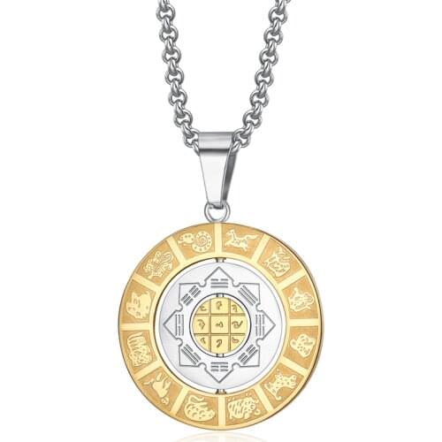 Fashion Chinese Zodiac Pattern Pendant Necklace Creative Round Revolving Stainless Steel Necklace Jewelry Gifts For Friends