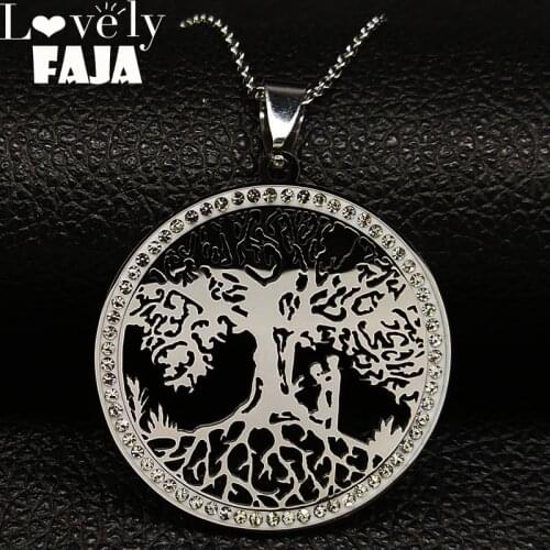 Couple Tree of Life Crystal Stainless Steel Necklace Women Silver Color Statement Necklace Jewlery arbol de la vida N186718S03