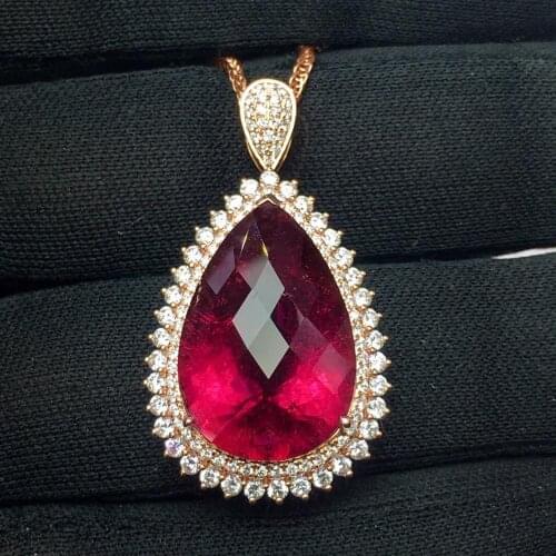 Tourmaline Pendant Fine Jewelry Real 18 K Gold 100% Natural Rubi Tourmaline 13.95ct Gemstones Diamond Pendant Necklace