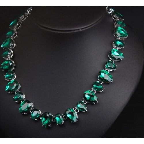 Green Gem Necklace Water Drop Crystal Statement Necklaces Choker Chain Bib Collar Fashion Jewelry Women Bridal Party Accessory