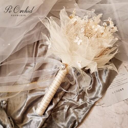 PEORCHID Champagne Rose Wedding Bridal Bouquet Jewelry Bride Holding Flower Handmade Luxury Scepter Crystal Bouquet