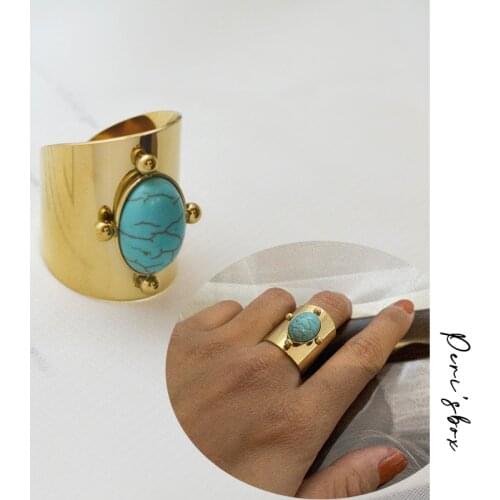 PerisBox Vintage Multicolor Oval Stone Open Finger Rings Geometric Gold Color Stainless Steel Wide Ring Unisex Jewellery