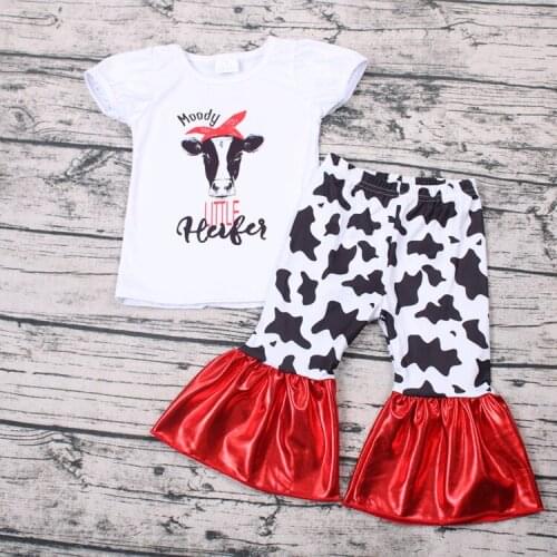 Spring/Fall Heifer Short Sleeve Shirt Milk Cow Pattern Bell-bottom Pants Patent Leather Baby Girls Boutique Set