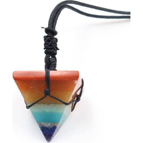 Handmade Weave Rope Chain Layer Colorful Pyramid Stone Pendant Necklace Healing Chakra Jewelry
