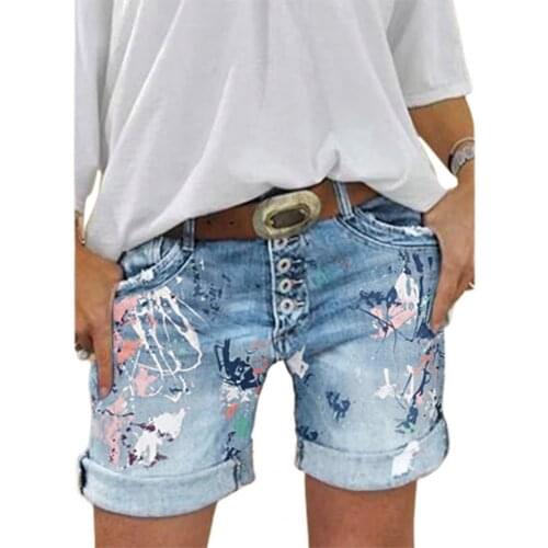 Women Shorts Mid Rise Denim Folded Hem All-matched Print Multi-breasted Ladies Short Jeans Fashion Straight-leg Short Pants