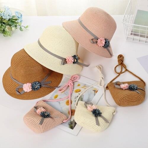 New childrens straw hat bag set summer beach baby sun female fisherman one drop shipping