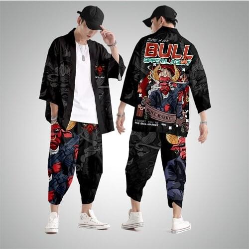 Japanese Kimono Men Black Bull Print Cardigan And Pant Set Shirt Blouse Yukata Men Haori Obi Clothes Samurai Clothing