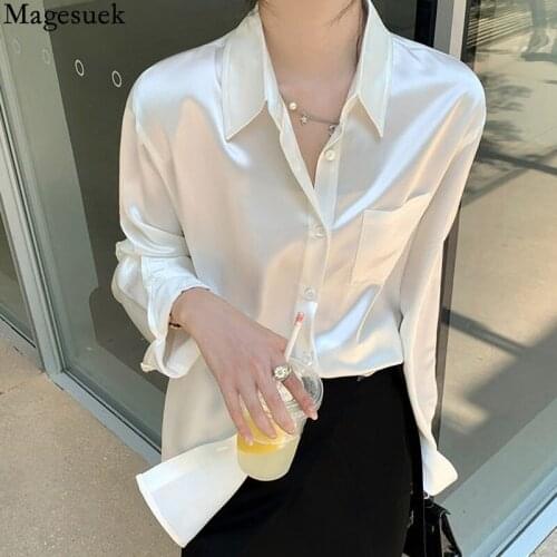 Vintage French White Shiny Chiffon Shirt Loose Satin Silk Autumn Long Sleeve Womens Blouse Casual Black Blouses Blusas 16045