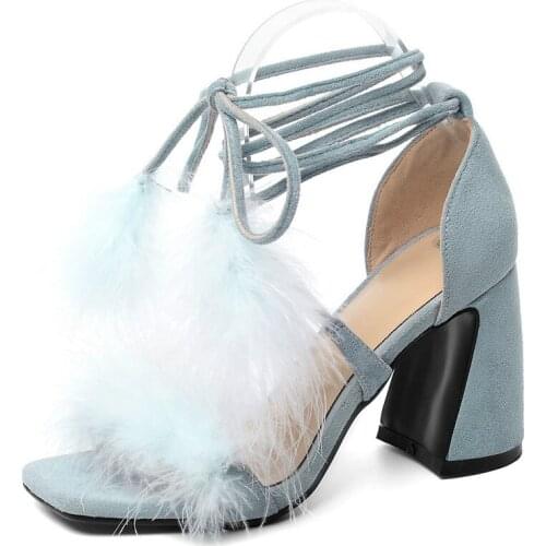 COOLULU Summer Sandals Women Shoes Feather Thick Heels Ankle Strap Shoes Cross-tied Super High Heel Sandals Lady Big Size 34-43