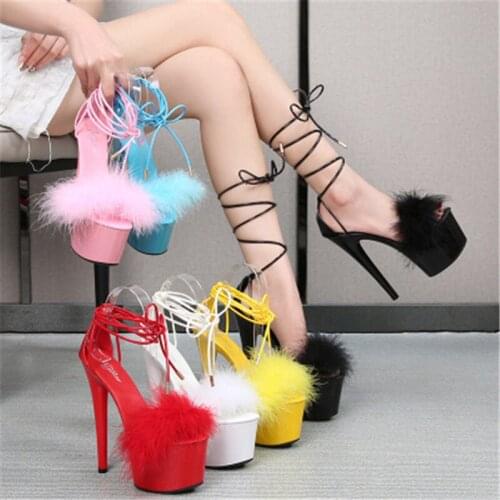 Size 34-43 Womens Sandals 2021 Summer New Waterproof Platform Transparent Fur High Heels Cross Straps Thin Heel Pole Dance Shoe