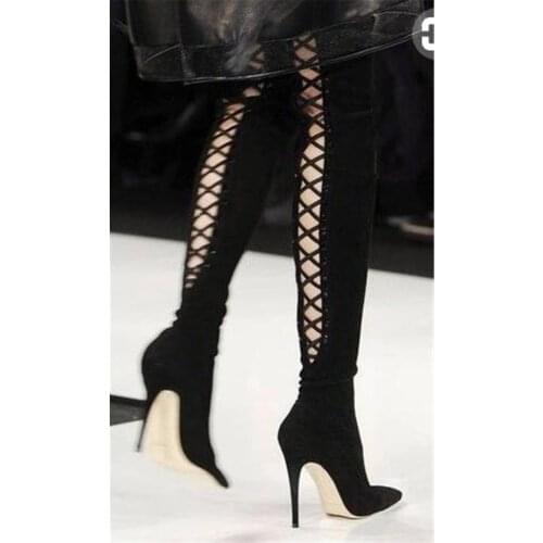 Sestito Woman New Fashion Cut-outs Sandals Boots Ladies Pointed Toe Lace-up Over-the-knee Boots Girls Stiletto High Heels Shoes
