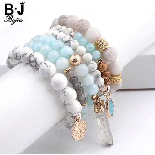 BOJIU Trendy Women Bracelet Set Natural Ag. Stone Glass Beads Bohemia Exquisite Bar Bracelet Sets of 6pcs Festival Gifts BCSET18