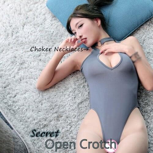 Turtleneck Deep V Neck Sexy Bodysuit Sukumizu Women Sheer Choker Open Crotch Bodycon Bodysuit Sexy See Through Party Jumpsuit