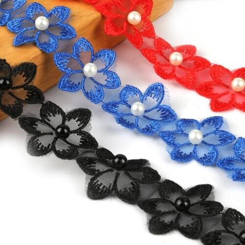 1 Yard 3.3cm WidthPearl Chiffon Flower Lace Trim Knitting Ribbon Fabric Embroidered Applique Sewing Craft Crochet Wedding Dress