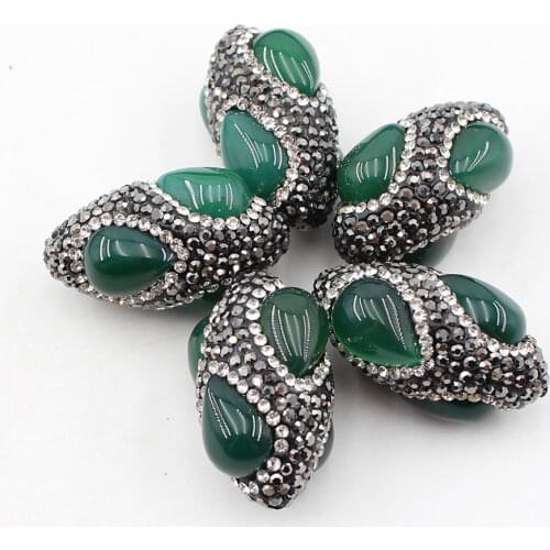 APDGG Wholesale 5 Pcs Oval Shape CZ Pave Black Rhinestone Pave Green Agates Beads Jewelry Findings