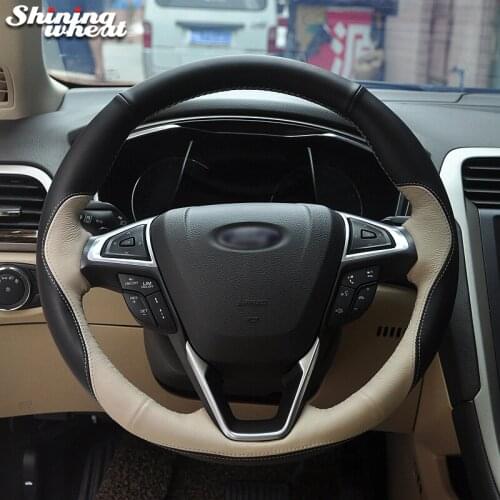 Shining wheat Black Leather Beige Leather Steering Wheel Cover for Ford Fusion Mondeo 2013 2014