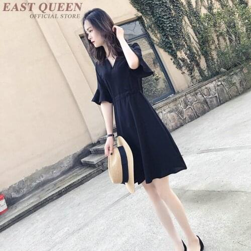 Black Casual Dresses For Women 2019 Chiffon V Neck Dress Mid Long A Line Dress Party Korean 2019 Summer Dresses DD2251