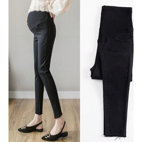 Black spring and autumn jeans Fashion all-match pregnant womens high waist slim tight feet pants new belly lift pants for outer