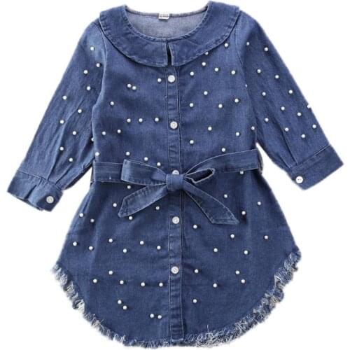 New Toddler Blue Pearl Bowknot Denim Jeans Baby Girl Long Sleeve T-Shirt Dress Kid Coat Clothes