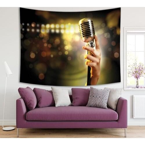 Tapestry Hand Holding A Single Retro Microphone Against Colourful Blur Background Music Concert Art Theme