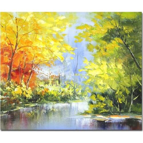 Muzagroo Art Landscape Oil Paintings Tree Pictures Yellow Fall Canvas Wall Art for Living Room Handmade Art Spring Scenery Decor