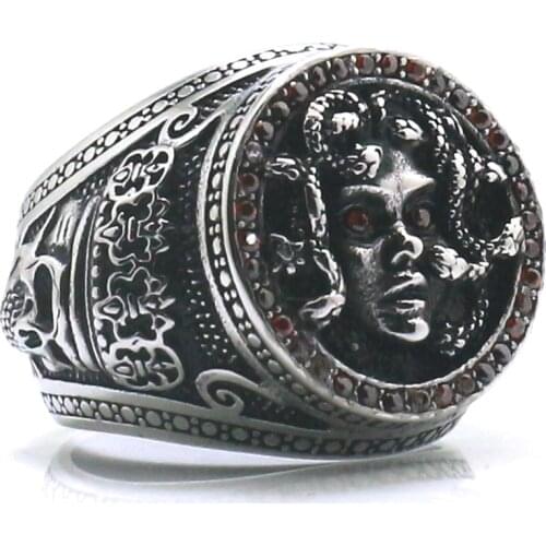 Unisex 316L Stainless Steel Newest Punk Gothic Medusa Red Stone Classic King Skull Ring
