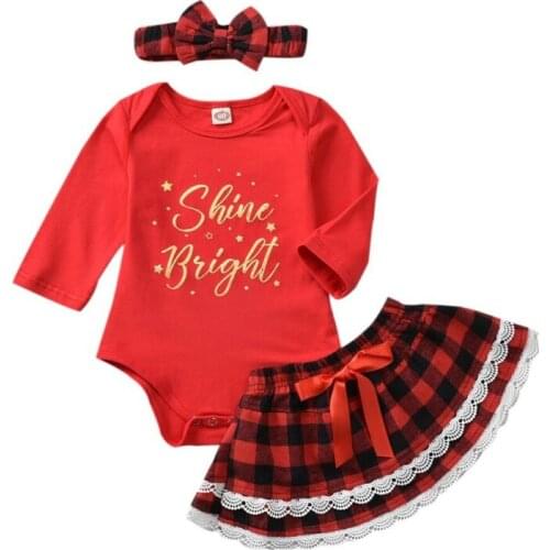 Toddler Baby Girls Christmas Clothes Set Long Sleeve T shirt Letter Romper Xmas Plaid Skirts Headband Xmas Outfit Costume