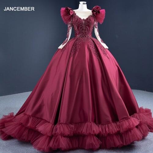 J67245 JANCEMBER Wine Red Long Sleeve Lace Banquet Evening Dress Luxury Elegant Applique Print Pattern Frill Sweetheart Collar