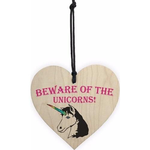 Meijiafei Beware Of The Unicorns Novelty Wooden Hanging Heart Plaque Shabby Chic Sign Sign