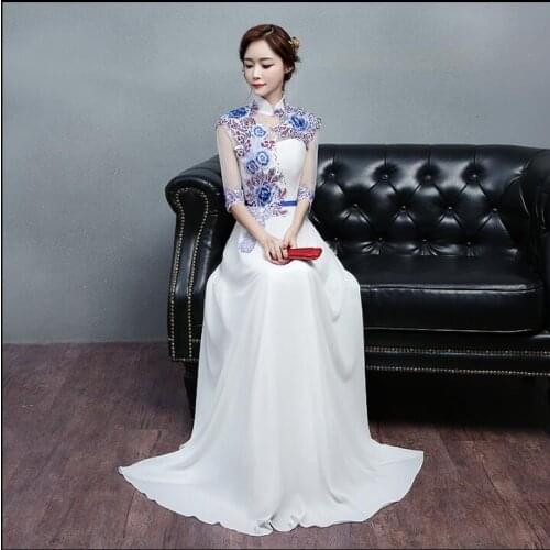 Fashion New Spring Chinese Blue and white porcelain Cheongsam Evening Dress Host Orient
