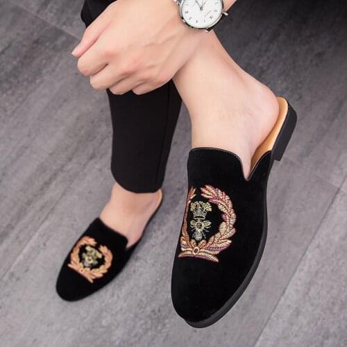 Mens Suede Leather Open Back Slip-On Dress Slippers On Backless Velvet Loafers Lazy Person Half Shoe for Men Mules Zapatos