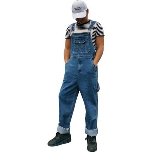 2021 Loose Jeans Bib Men Overalls Denim Jumpsuits Straight Big Pocket Cowboy Coverall Wide Leg Pants Blue Trousers Size 50