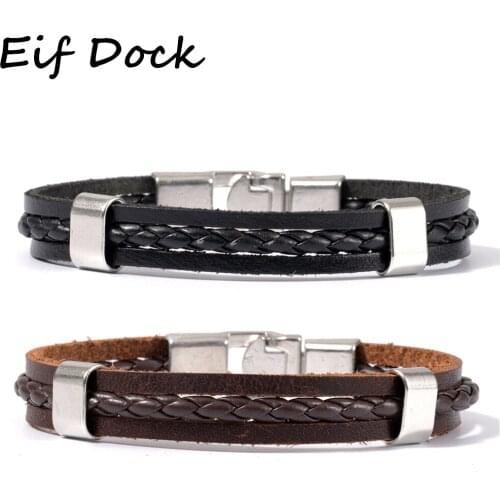 Eif Dock New Punk Braid Leather Bracelet for Men Black and Stainless Steel Clasp Wristband Male Jewelry Vintage Couple Gifts