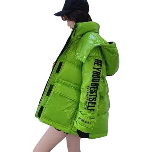 2021 New Embroidered Shiny Down Jacket Female Student Loose Hooded Parka Overcoat Winter Cold Warm 90% White Duck Down Outerwear