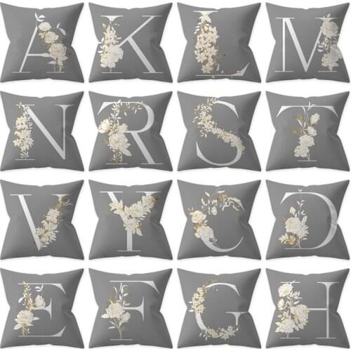 New Gold Floral Alphabet Gray Pillowcase Modern Nordic Simple Grey Pillows Cover Flowers Letters Print Cushion Case for Sofa/Car