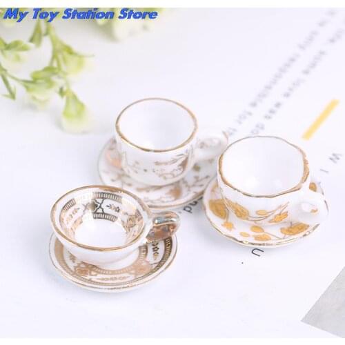 New 1Set 1/12 Scale Ceramic Tea Cup Dollhouse Miniature Tableware Cup & Saucer Decoration