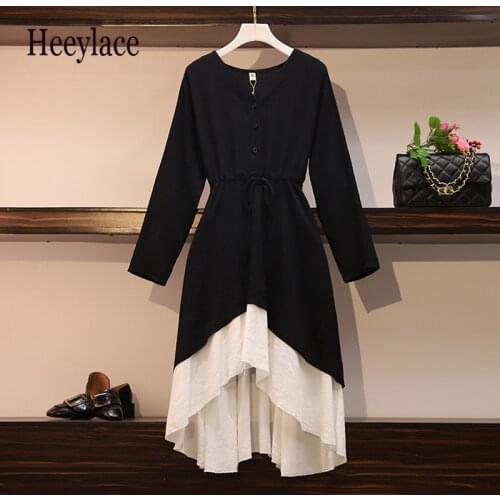 Plus size office ladies black white patchwork irregular cotton dresses women vintage Spring long sleeve sash ruffles lady dress