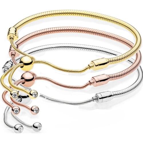 Original Rose Gold & Silver Moments Sliding Clasp Adjust Bracelet Fit 925 Sterling Silver Bead Charm Bangle Diy Jewelry