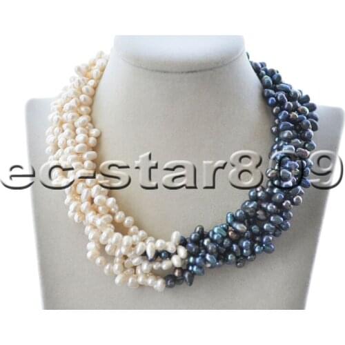 P6666 6Row 17" 7mm Black White Rice Freshwater PEARL Necklace Magnet Choker