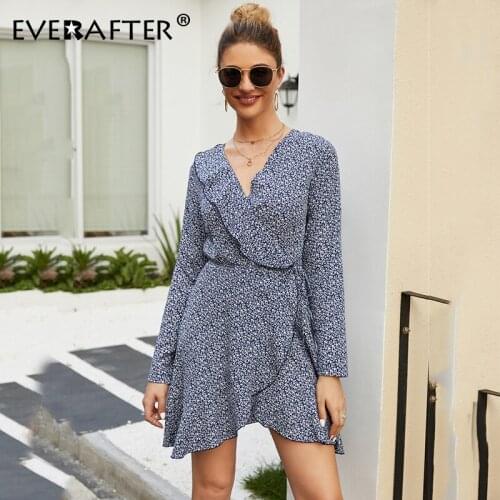 EVERAFTER Floral print dress women sexy v-neck long sleeve a-line boho dress bandage casual holiday women autumn mini dresses