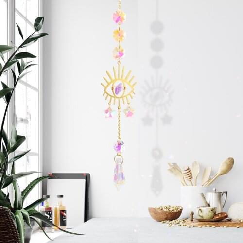 Hexagon Eye Hanging Pendant Prism Natural Stone Garden Wind Chime Sun Ball Crystal Hanging Metal Ornament Pendant