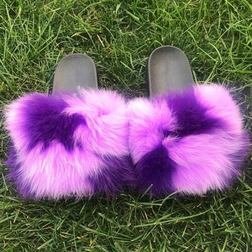 Fur Slides Wholesale Women Fluffy Fur Slippers Lovely Girls Fashion Designer Fur Flip Flops Beach Sandals Big Size House Shoes
