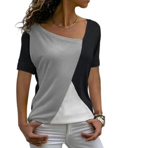 Womens Patchwork Short Sleeve T-shirt Irregular Collar Blouse Tops