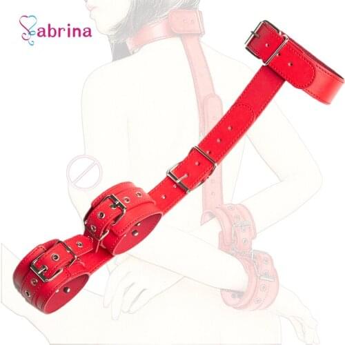 Women Leather Back Bondage Strap Sex Slave BDSM Bondage Restraints Handcuffs Neck Collar Wrist Hand Sex Toys for Couple Sex Game
