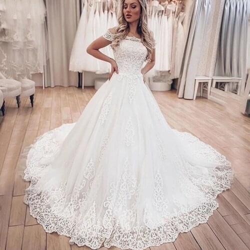 Elegant Lace Wedding Dresses for Women 2021 Plus Size Wedding Gowns Boat Neck Off the Shoulder Luxury Lace Up vestidos de noiva