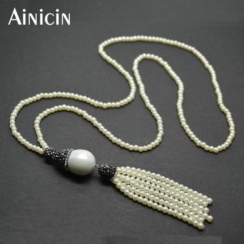 1pc White Shell Round Bead Chain 28 Inches Tassel Necklace For Women Winter Jewelry