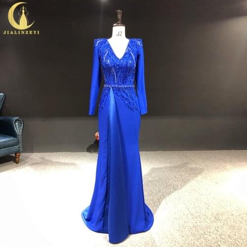 Rhine Real picture Royal Blue V Neck Long Sleeves with Beads Sexy women evening dress long formal dresses