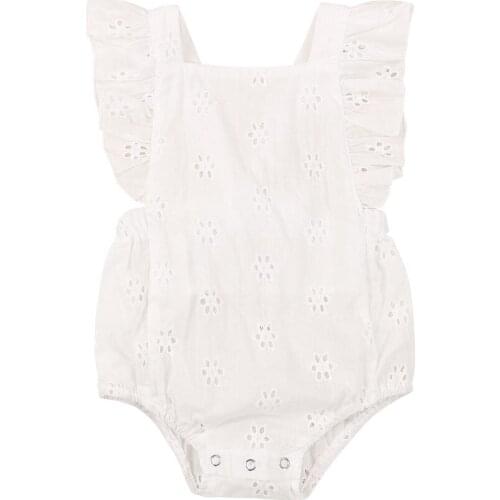 2021 0-18M Cute Infant Baby Girl Playsuit Flower Hollow White Solid Ruffle Fly Sleeve Bow Back Summer Romper Outfit