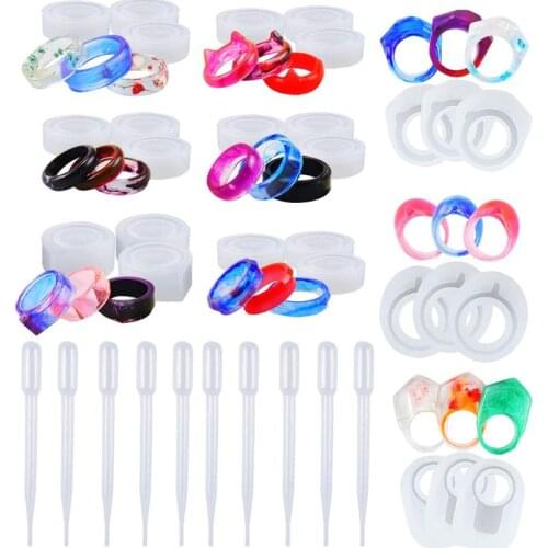 27 Pcs Resin Ring Silicone Mold - Finger Ring Crystal Epoxy Jewelry Mould with 10 Pcs Droppers for DIY Necklace Pendant