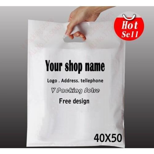 40*50cm print Custom print white plastic bags printing punch customized hand punch for shopping with logo